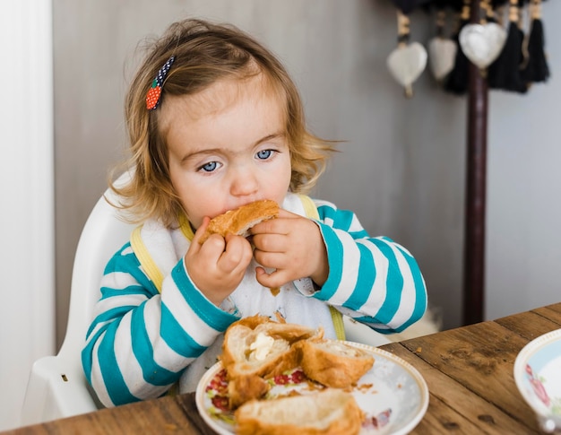 close-up of girl eating food while sitting at table