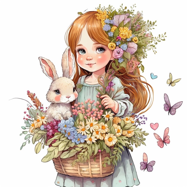 토끼 생성 AI와 함께 꽃 바구니를 들고 있는 소녀의 클로즈업