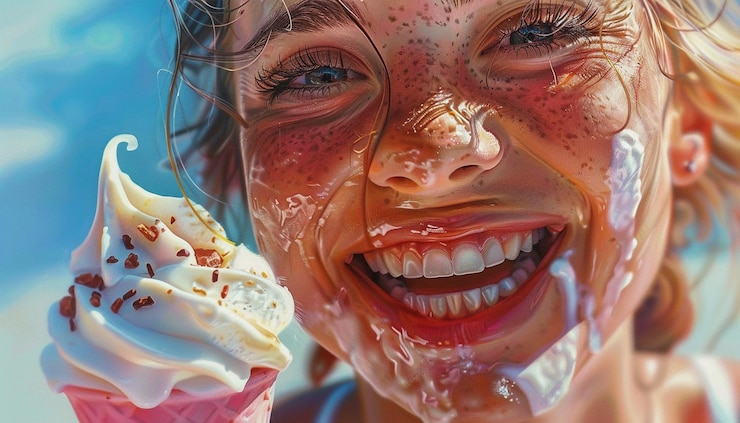 Photo close up of a girl holding ice cream and feeling happy