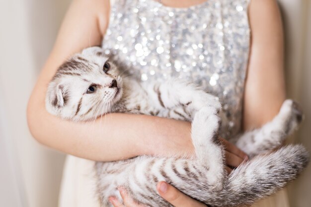 Foto la ragazza del primo piano sta tenendo un piccolo gattino a casa.