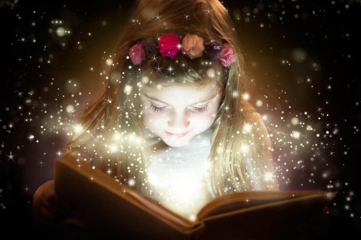 Фотография клоуз-ап девушки, читающей блестящую книгу.
