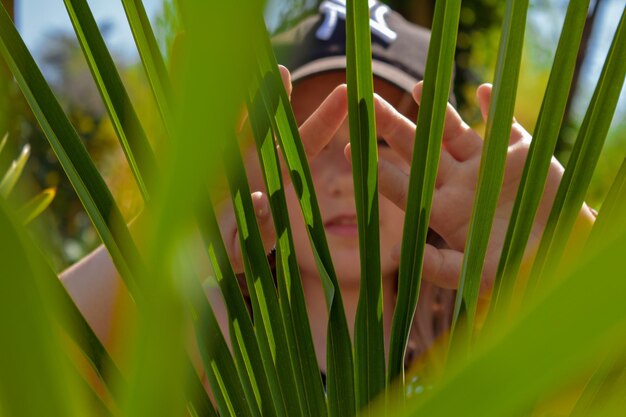 Photo close-up of girl seen through green leaves