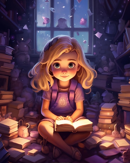 A close up of a girl sitting on a pile of books reading a book generative ai