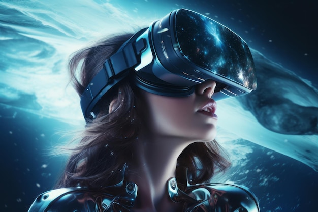 Close up of girl wearing VR headset user surreal wonderland Cosmic background