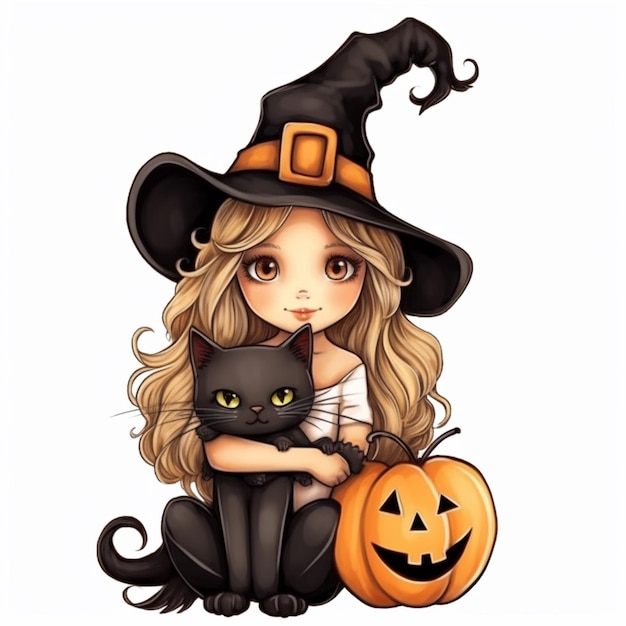 A close up of a girl in a witch hat holding a black cat generative ai