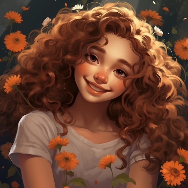 A close up of a girl with long curly hair and a white shirt generative ai