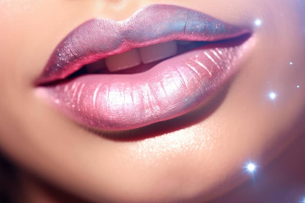 Photo close up of a girls lips with lipstick and glitter generative ai