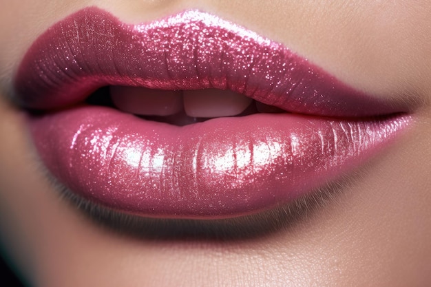 Close up of a girls lips with lipstick and glitter Generative AI