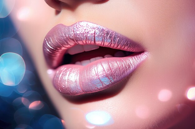 Close up of a girls lips with lipstick and glitter