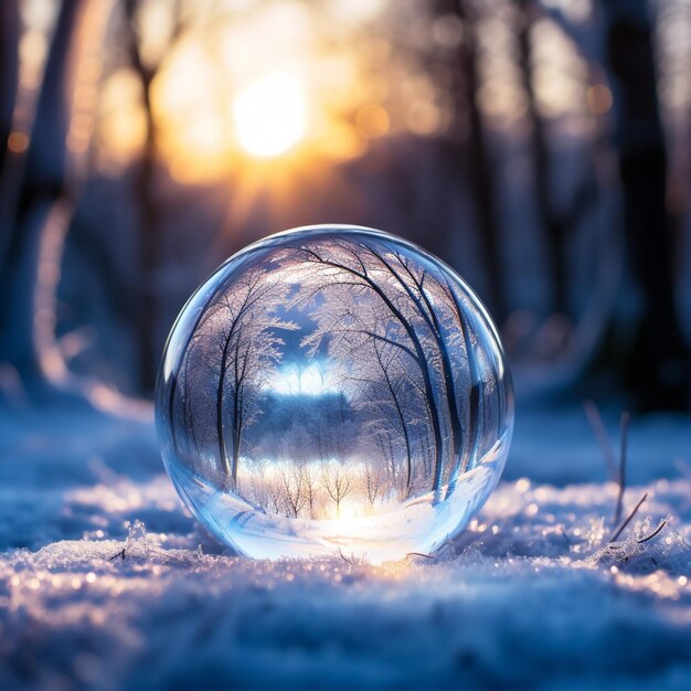 a close up of a glass ball sitting on top of snow covered ground generative ai