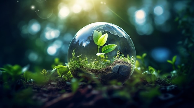 a close up of a glass ball with a plant inside of it generative ai