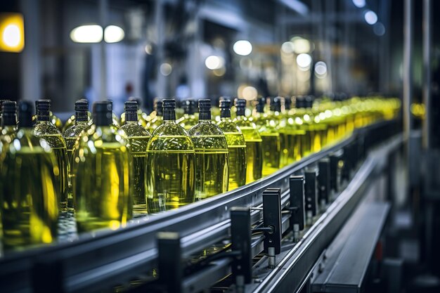 Close up a glass bottle with olive oil on production line industry convey AI Generative