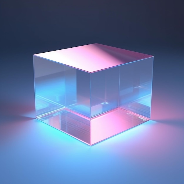 A close up of a glass cube with a pink light on it generative ai