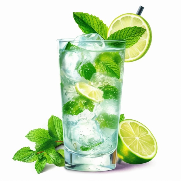 A close up of a glass of ice with lime and mint generative ai