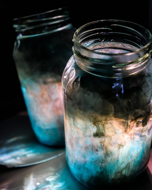 close-up of glass jar on table
