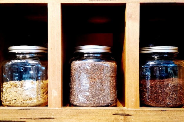 Close-up of glass jars