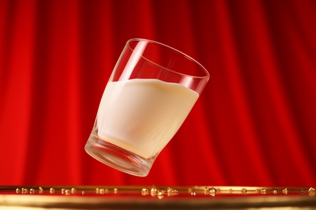 close up glass of milk levitate on a new year theme red background with gold bohem effect