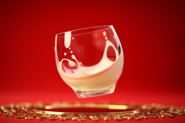 新年をテーマにした赤い背景に浮遊するミルクのグラスを接写し、金色のボヘム効果を与える