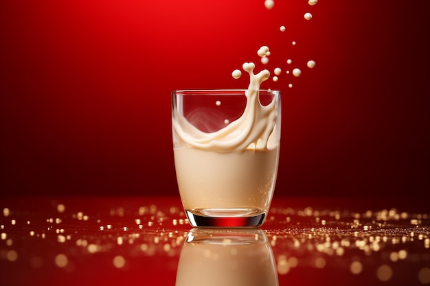 close up glass of milk levitate on a new year theme red background with gold bohem effect