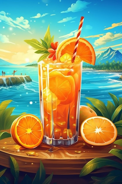 빨대와 오렌지 조각 생성 ai가 포함된 오렌지 주스 한 잔을 닫습니다.