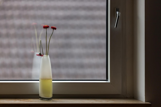 Close-up of glass window on table against wall