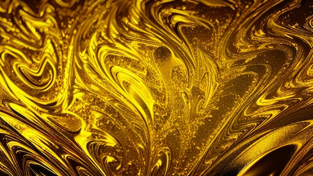 A close up of a glass with gold and black liquid.