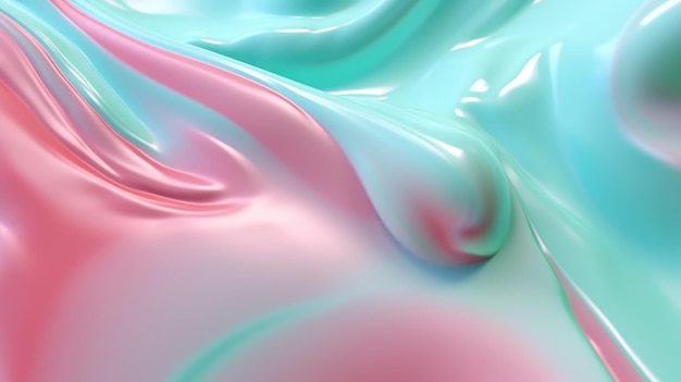 The close up of a glossy liquid surface abstract in blush pink powder blue and mint green colors in pastel style with a soft focus 3D illustration of exuberant