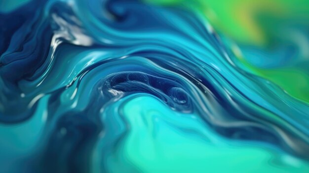 The close up of a glossy liquid surface abstract in cool blue and green colors with a soft focus exuberant 3d illustration