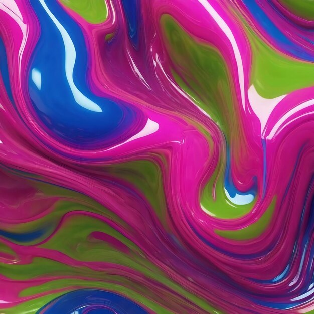 The close up of a glossy liquid surface abstract in hot pink electric blue and neon green colors wit