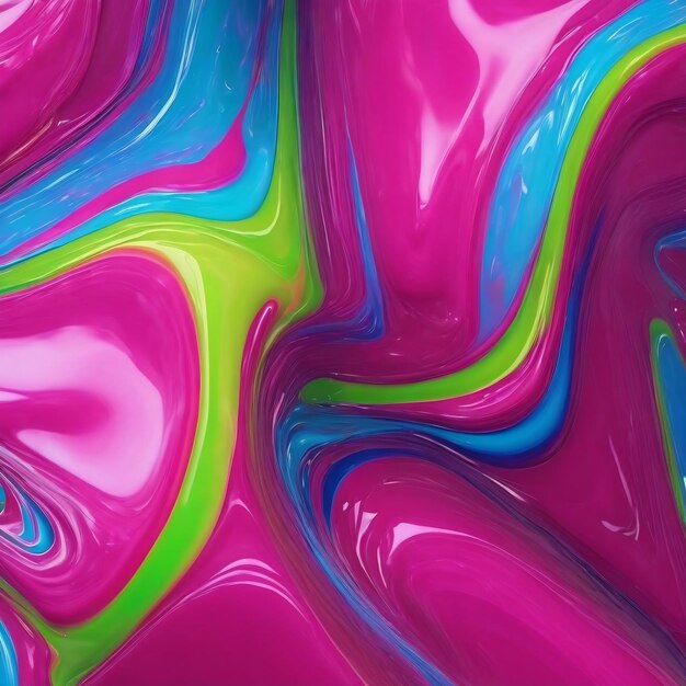 The close up of a glossy liquid surface abstract in hot pink electric blue and neon green colors wit