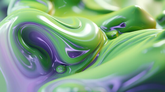 ラベンダーミントグリーンとオリーブグリーンの色の光沢のある液体表面の接写と、活気に満ちたソフトフォーカスの3Dイラスト