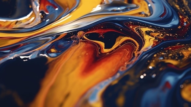 The close up of a glossy liquid surface abstract in navy blue golden yellow and deep red colors with a soft focus 3D illustration of exuberant