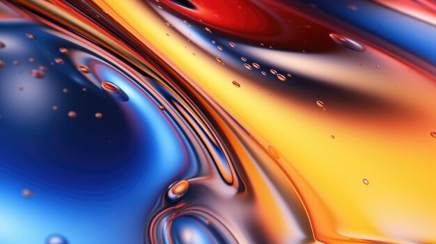 The close up of a glossy liquid surface abstract in red yellow and blue colors with a soft focus 3D illustration of exuberant