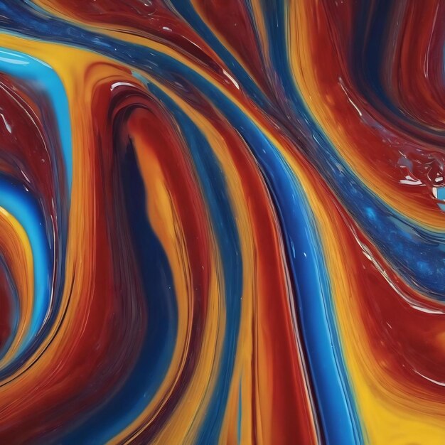The close up of a glossy liquid surface abstract in red yellow and blue colors with a soft focus 3d