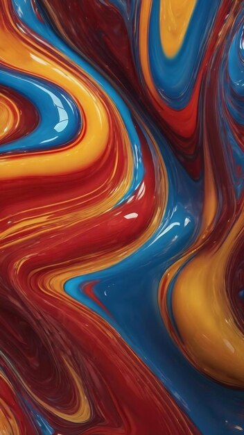 The close up of a glossy liquid surface abstract in red yellow and blue colors with a soft focus exu