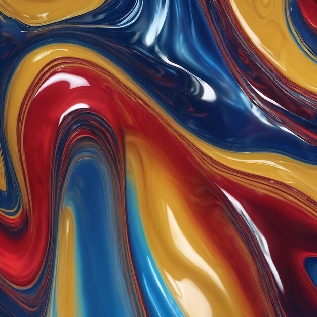 The close up of a glossy liquid surface abstract in red yellow and blue colors with a soft focus exu