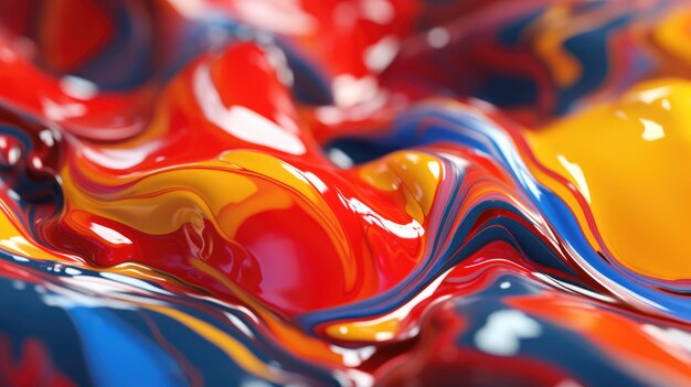the close up of a glossy liquid surface abstract in red yellow and blue colors with a soft focus exuberant 3d illustration