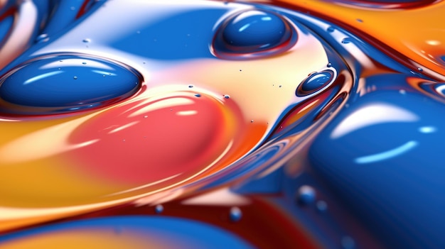 The close up of a glossy liquid surface abstract in red yellow and blue colors with a soft focus exuberant 3d illustration