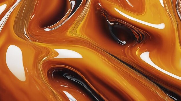 The close up of a glossy liquid surface abstract in tangerine orange and lemon yellow colors with a