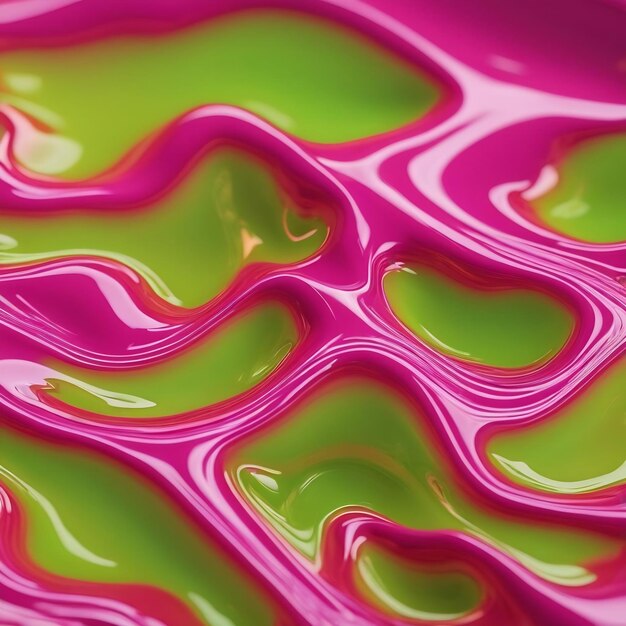 Photo the close up of a glossy liquid surface in bright lime green and hot pink colors with a soft focus e