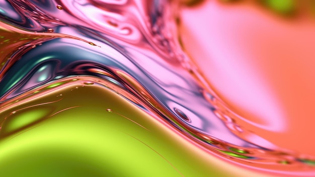 Foto il primo piano di una superficie liquida lucida nei colori verde lime brillante e rosa caldo con una messa a fuoco morbida esuberante illustrazione 3d