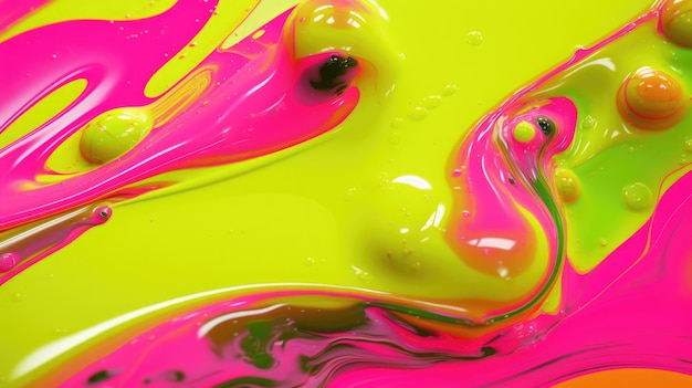 The close up of a glossy liquid surface in bright lime green and hot pink colors with a soft focus exuberant 3d illustration