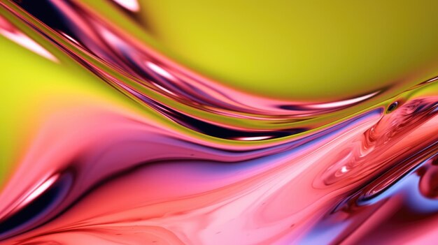 the close up of a glossy liquid surface in bright lime green and hot pink colors with a soft focus generative ai aig30