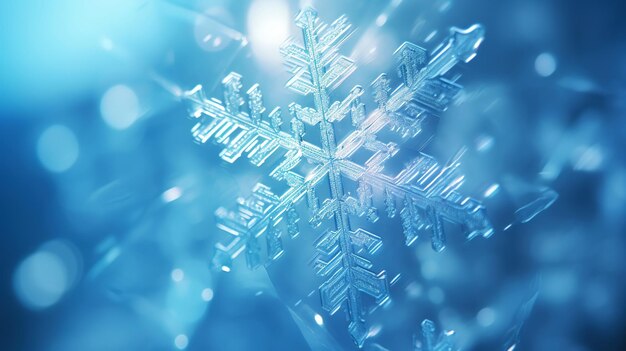 Close up of a glossy snowflake macro photo of snow crystals on blue background generative ai