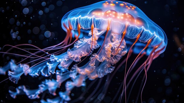 a close up of a glowing jellyfish