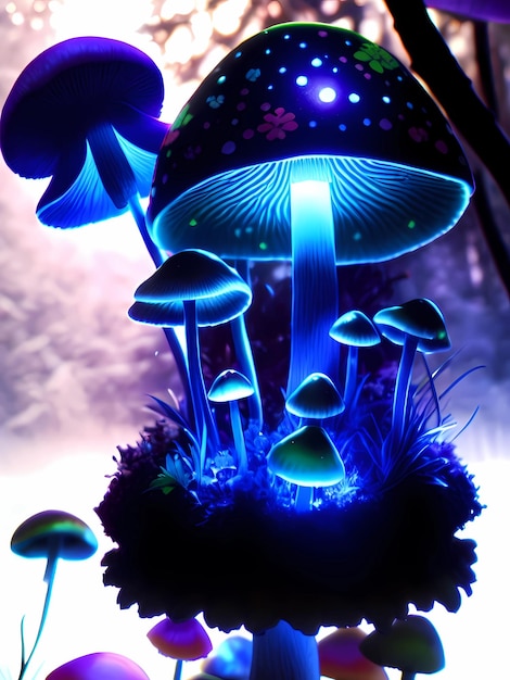 Photo close up of glowing mushrooms