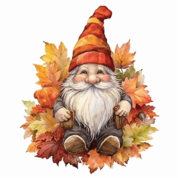 A close up of a gnome sitting on a pile of leaves generative ai