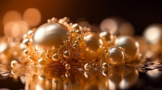 A close up of gold beads and pearls on a reflective surface