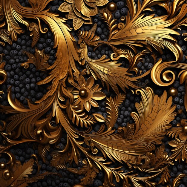 A close up of a gold and black background with a bunch of berries generative ai