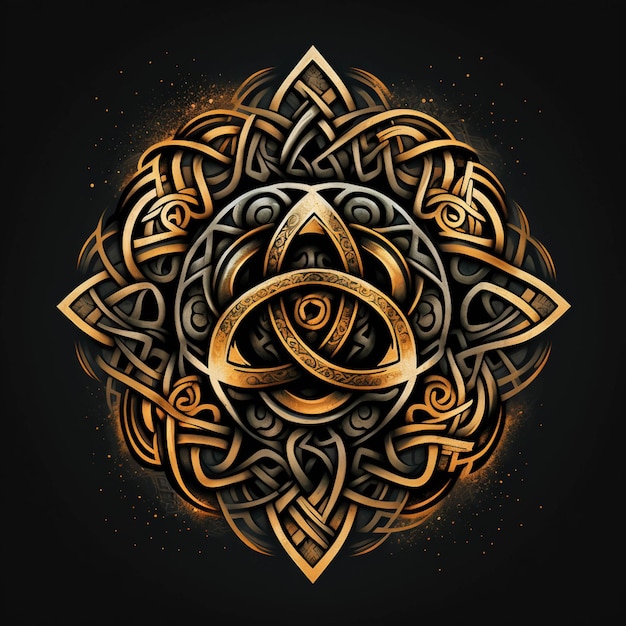 A close up of a gold and black celtic design on a black background generative ai